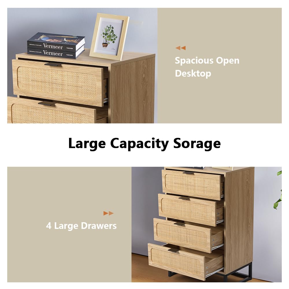 affeivul Mid Century Modern Dresser, 4 Drawer Rattan Dresser for Bedroom Wood, Boho Wooden Rattan Storage Cabinet Side Table with Solid Metal Legs, Tall Skinny Dresser for Closet (Natural) affeivul