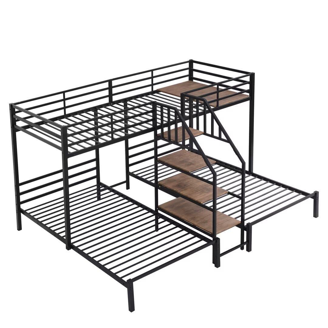 JIJIWANG Twin Triple Bunk Bed for 3 Kids, Metal L-Shaped Bunk Bed Frame with Staircase, No Box Spring Needed, Black JIJIWANG