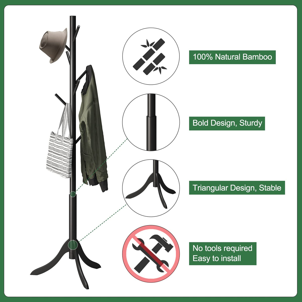 kiplant Black Coat Rack Stand, Bamboo Wood Freestanding Coat Tree with 8 Hooks, Hallway Entryway Hat Hanger Organizer Standing for Bedroom, Office, Clothes, Jackets, Bags, Umbrallas kiplant