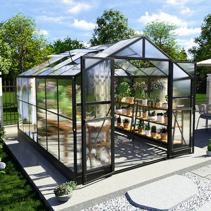 AMERLIFE 8x12x7FT Polycarbonate Greenhouse, Walk in Greenhouse with Quick-Connect System, Green House with 4 Vent Windows and Swing Lockable Door, Greenhouses for Outdoors, Sunroom Black