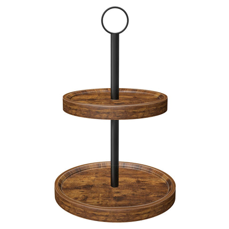 Tiered Tray Stand, Rustic Wooden Two Tier Decorative Tray with Metal Handle, Farmhouse 2 Tier Serving Tray, Round Cake Cupcake Stand for Coffee Bar Home Party Christmas Tiered Tray Decor(1-Pack) BIGNEWWANG
