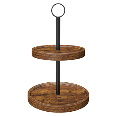 Tiered Tray Stand, Rustic Wooden Two Tier Decorative Tray with Metal Handle, Farmhouse 2 Tier Serving Tray, Round Cake Cupcake Stand for Coffee Bar Home Party Christmas Tiered Tray Decor(1-Pack)