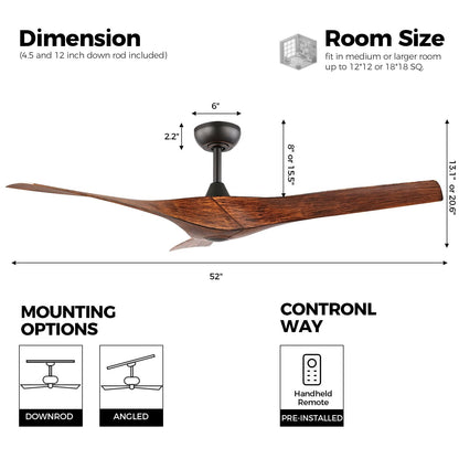 WINGBO 52" DC Ceiling Fan without Lights, Walnut Bronze Ceiling Fan with Remote, 3 Curved ABS Blades, Noiseless Reversible DC Motor, Modern Ceiling Fan for Kitchen Bedroom Living Room, ETL Listed