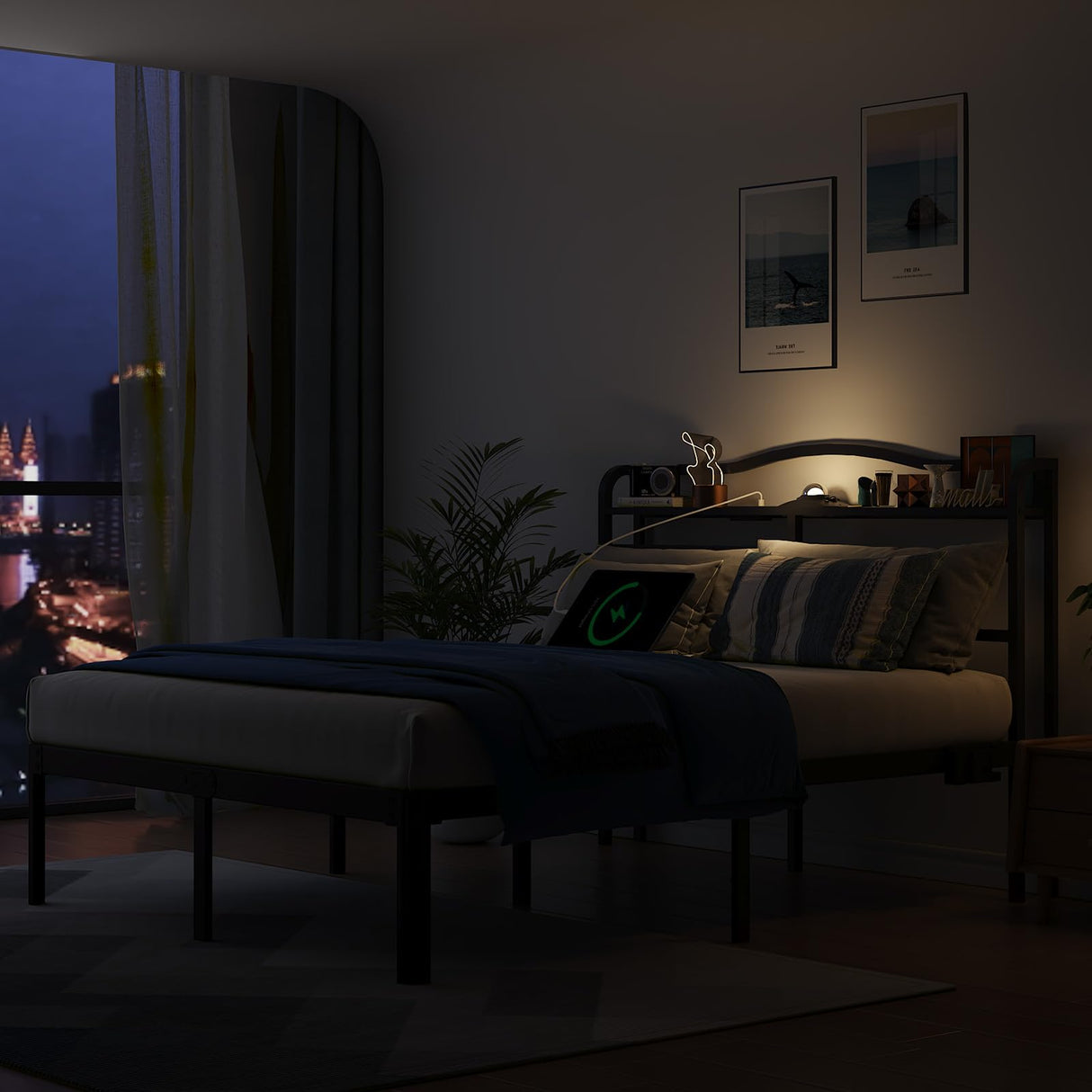 UOMEUR Queen Size Bed Frames with Smart Outlet and Galaxy Holographic Projection Lights,47.6" H Heavy Duty Metal Headboard,17" Hidden Storage,No Box Spring Needed/Noise-Free/Easy Assembly UOMEUR