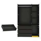 jiteentarou 3 Doors Armoire Wardrobe Closet with 3 Drawers & Mirror, Modern Wooden Bedroom Armoires with Hanging Rod Led Lights for Bedroom, Black jiteentarou