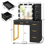 FIONESO Makeup Vanity Desk with Mirror & Lights, Vanity Desk with 4 Drawers & Charging Station, Dressing Vanity Table with Open Storage Shelves, 3 Color Modes, Vanity Table for Bedroom, Black FIONESO
