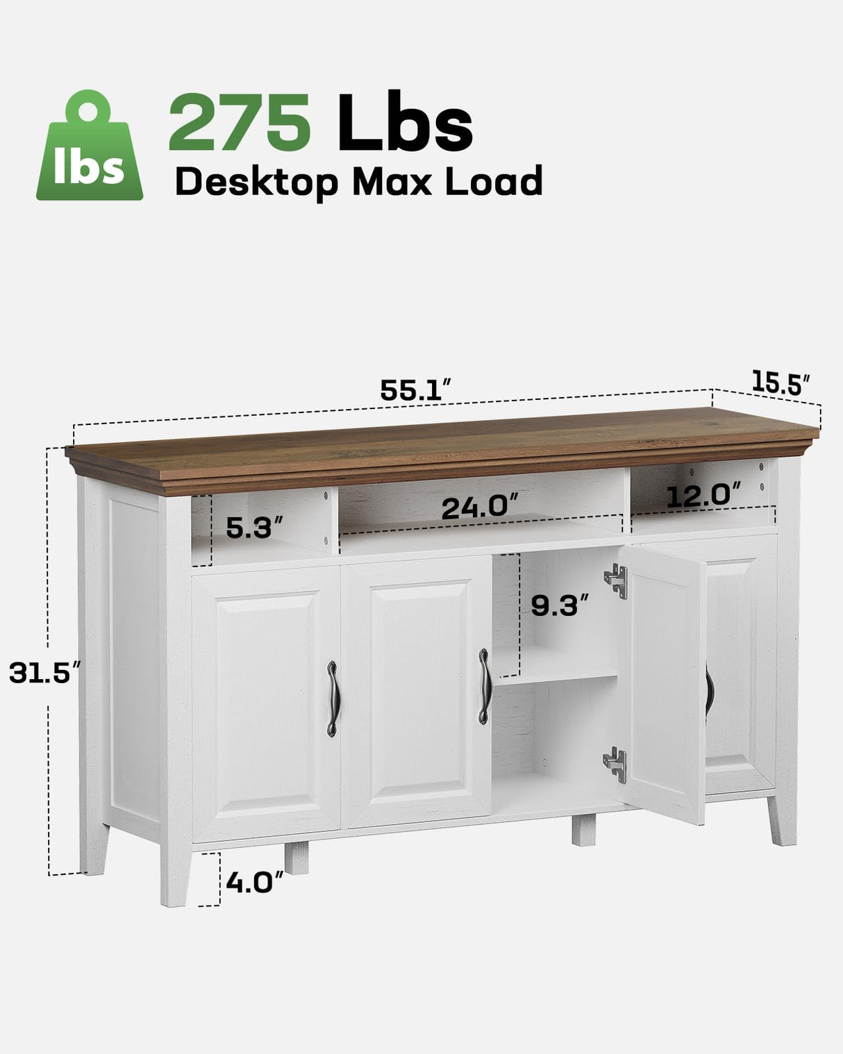 Marsail Sideboard Buffet Cabinet with Storage, 55" Farmhouse Kitchen Buffet Bar Table 4 Door Storage Cabinets for Dining Room Furniture, Wood White Marsail