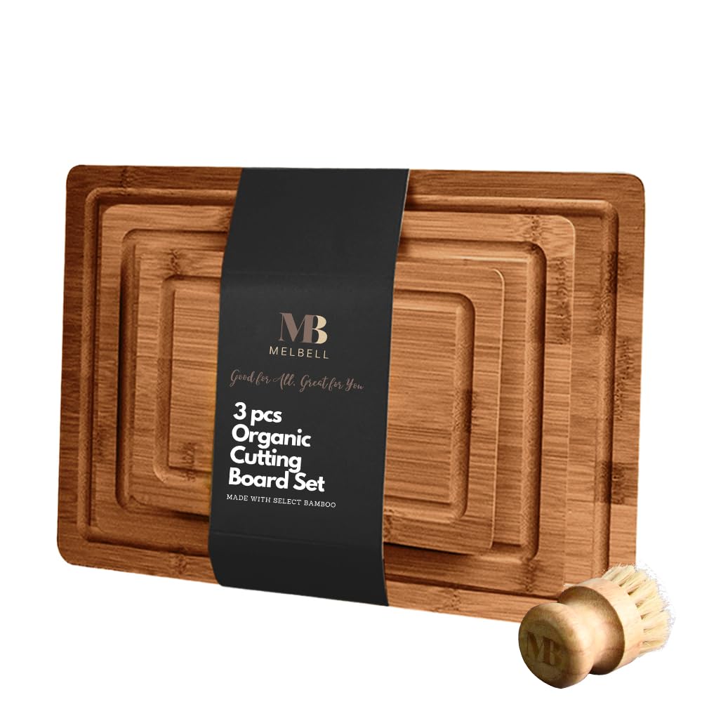 MelBell Bamboo Cutting Board Set Of 3 for Kitchen - Wooden Chopping Boards with Juice Groove - Wood Serving Board for Meat, Vegetables, Cheese