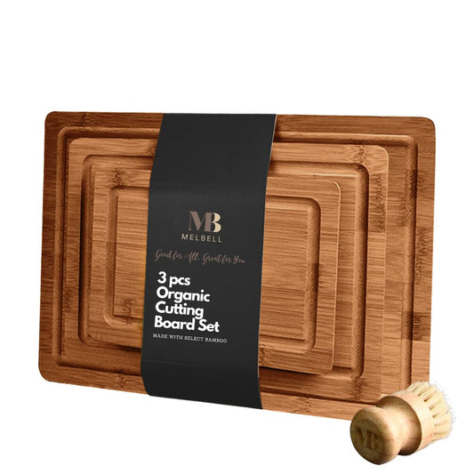 MelBell Bamboo Cutting Board Set Of 3 for Kitchen - Wooden Chopping Boards with Juice Groove - Wood Serving Board for Meat, Vegetables, Cheese