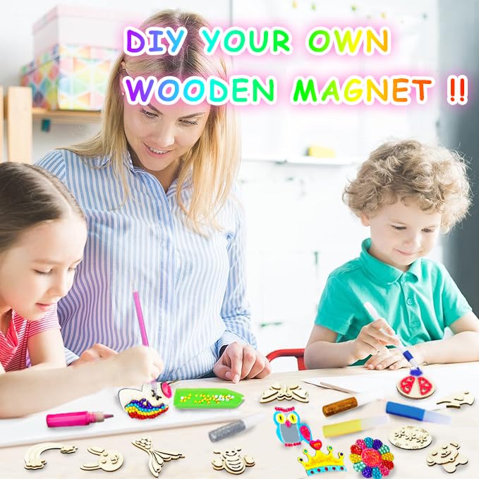 Wooden Magnet Kids Painting Kit - Glow in The Dark - Diamonds DIY Wood Painting Arts Crafts Kit for Kids Age 4-8 8-12, Party Favors Birthday Easter Toys Basket Goodie Bag Stuffers for Boys Girls See You Always