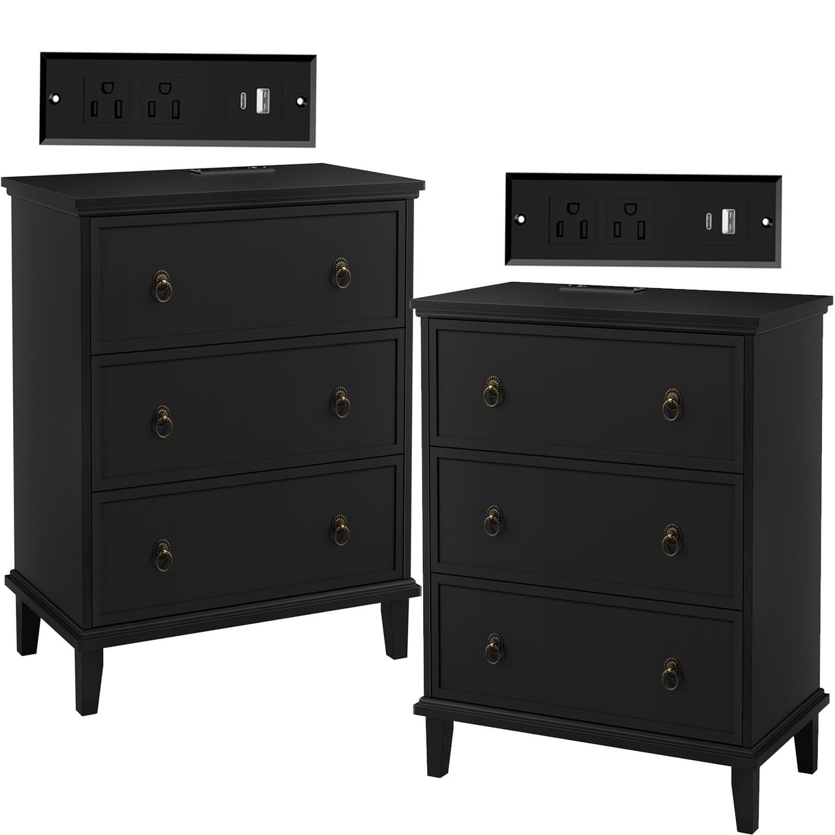 COWMOU 27.6 Inch Wide Nightstand Set of 2 with Charging Station, 3 Drawers Nightstand for Bedroom, Wooden Black Large Bedside End Table for Living Room, Bedroom, Study, Office COWMOU