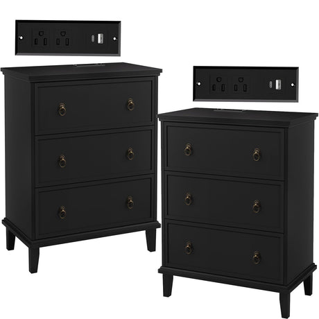 COWMOU 27.6 Inch Wide Nightstand Set of 2 with Charging Station, 3 Drawers Nightstand for Bedroom, Wooden Black Large Bedside End Table for Living Room, Bedroom, Study, Office COWMOU
