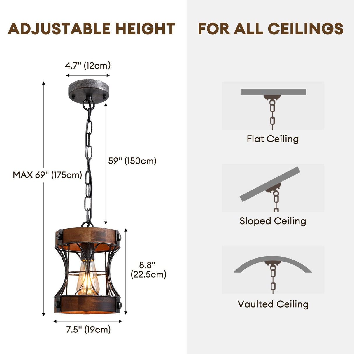 7PMBEANE Rustic Farmhouse Chandelier, Wood Small Pendant Light Fixtures, Modern Chandeliers for Dining Room, Kitchen Island, Office, Bedroom, 1-Light Chandelier for All Ceilings D 7.5" x H 8.8" 7PMBEANE