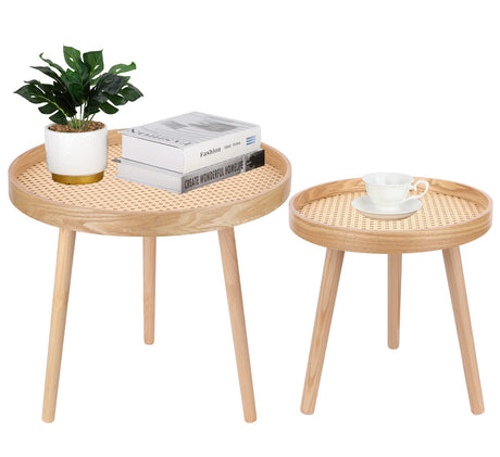 Round Coffee Table Set of 2, Natural Boho Coffee Table, Small Mid Century Modern Rattan Coffee Table, Boho Side Table End Tables for Living Room Bedroom Office Balcony ZYBT