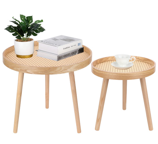 Round Coffee Table Set of 2, Natural Boho Coffee Table, Small Mid Century Modern Rattan Coffee Table, Boho Side Table End Tables for Living Room Bedroom Office Balcony - WoodArtSupply