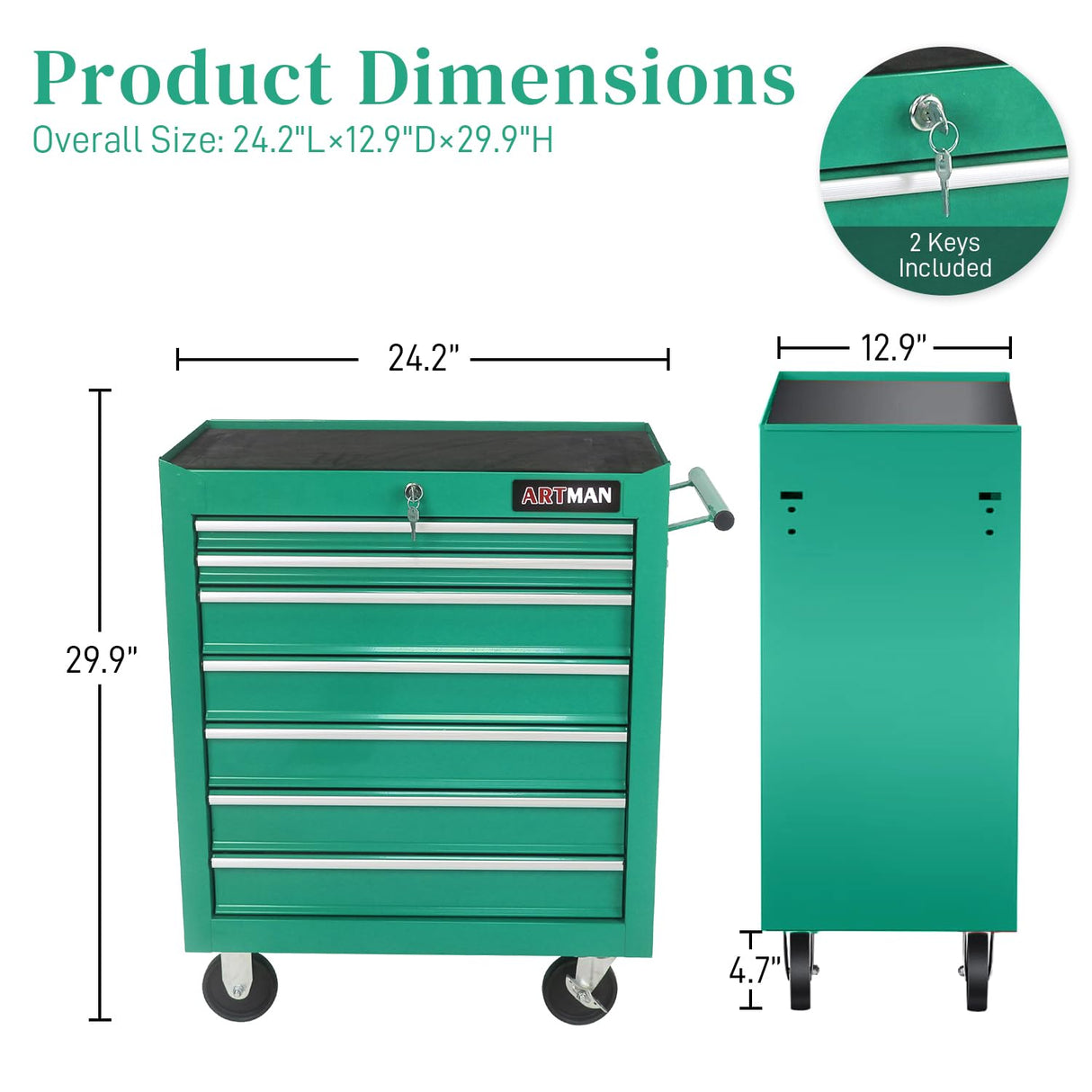 WTRAVEL Rolling Tool Chest with 7-Drawer Tool Box with Wheels Multifunctional Tool Cart Mechanic Tool Storage Cabinet for Garage, Warehouse, Workshop, Repair Shop (Green) WTRAVEL