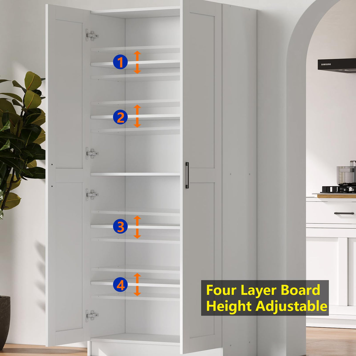 White Tall Kitchen Pantry Cabinet Organizers and Storage with Doors and Adjustable Shelves，Wood Large Gabinetes Para Cocina Office Bookshelf for Laundry Room Cabinets (31.5”W*15.7”D*71”H) Fenghua Lizhi