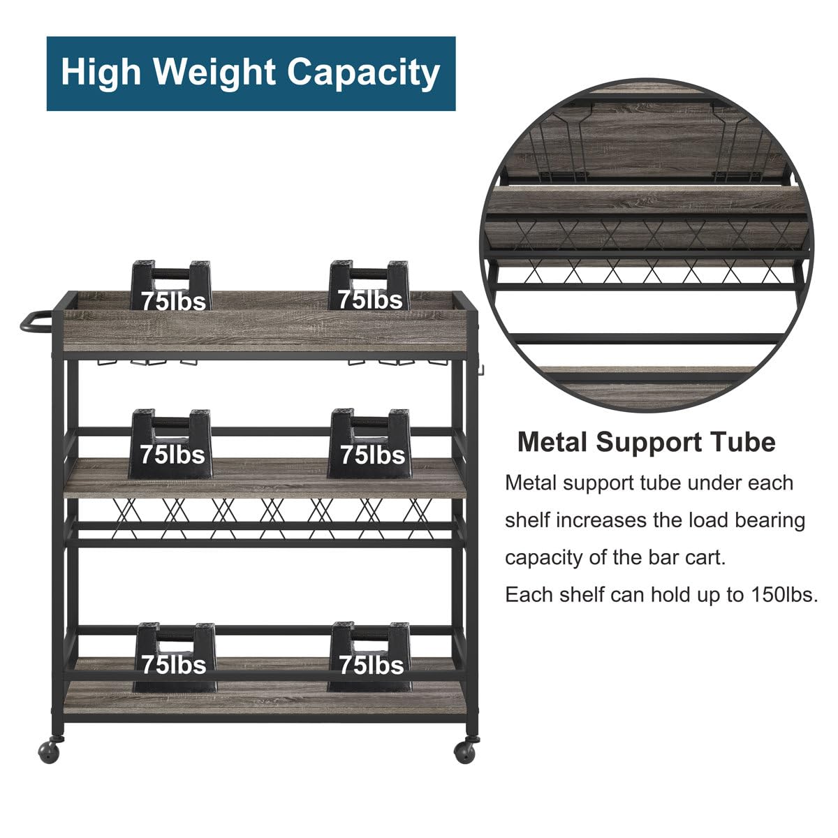 BON AUGURE Bar Cart, Home Bar Serving Cart on Wheels, Mobile 3 Tier Liquor Beverage Cart with Wine Rack and Glass Holder, Grey Oak - WoodArtSupply