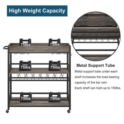 BON AUGURE Bar Cart, Home Bar Serving Cart on Wheels, Mobile 3 Tier Liquor Beverage Cart with Wine Rack and Glass Holder, Grey Oak - WoodArtSupply