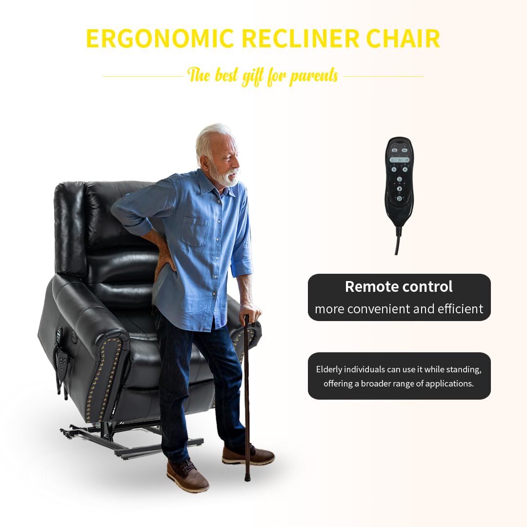 Genuine Leather Power Lift Recliner Elderly Chair, Lay Flat Lift Chairs, Remote Control with Point- Like Distribution Massage/Heating/Adjusting Reclining Model (Black) Luckoney
