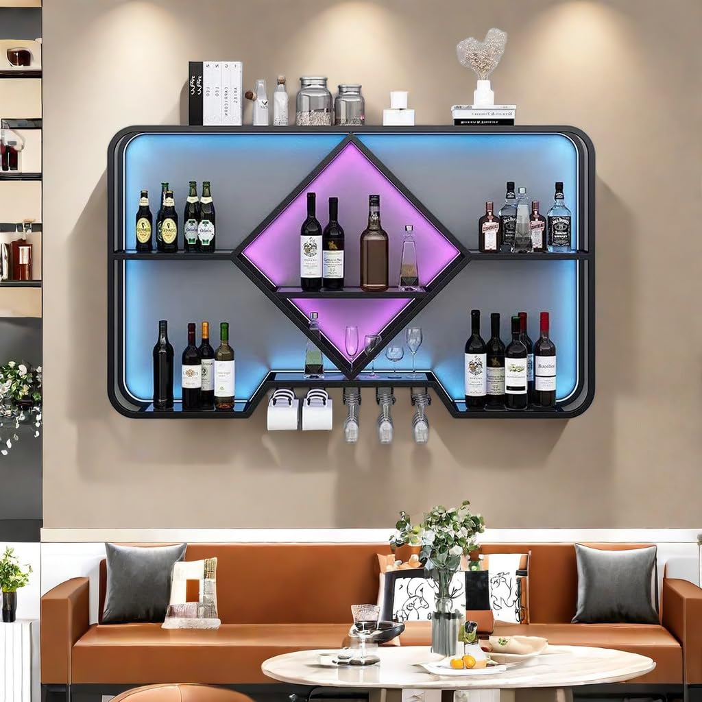 PIKYsailed Metal Wine Rack Wall Mounted with Led Light, Modern Bar Shelves Wall Mounted with Glass Holder, Multi Functional Liquor Shelf Wall Mounted for Home Bar, Kitchen & Dining Room (Blac - WoodArtSupply