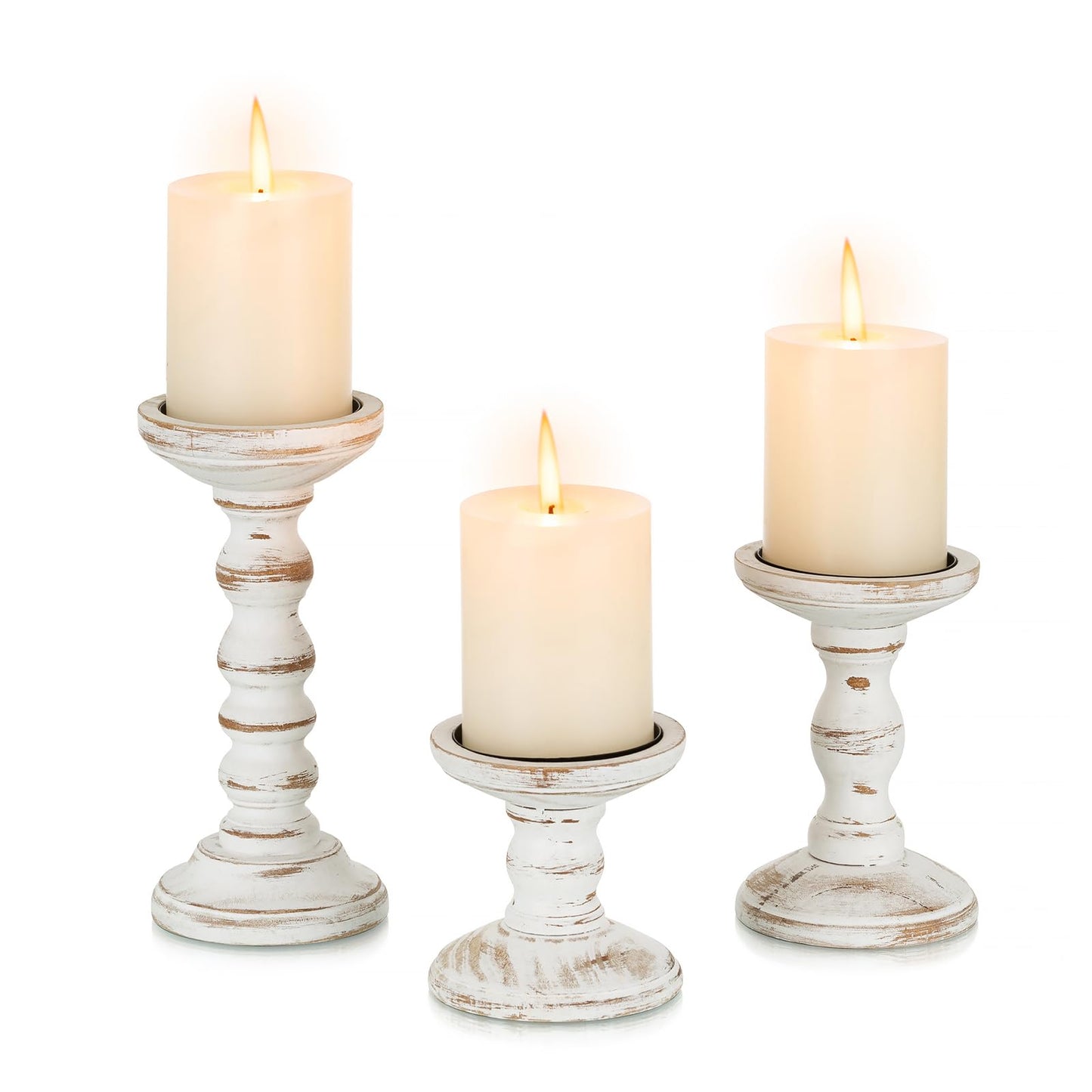 Candeldo Wood Candle Holders for Pillar: Rustic Candles Holder Set of 3 Tall Table Centerpiece Decor Wooden White Farmhouse Candle Stands for Fireplace Mantle Decorations - WoodArtSupply