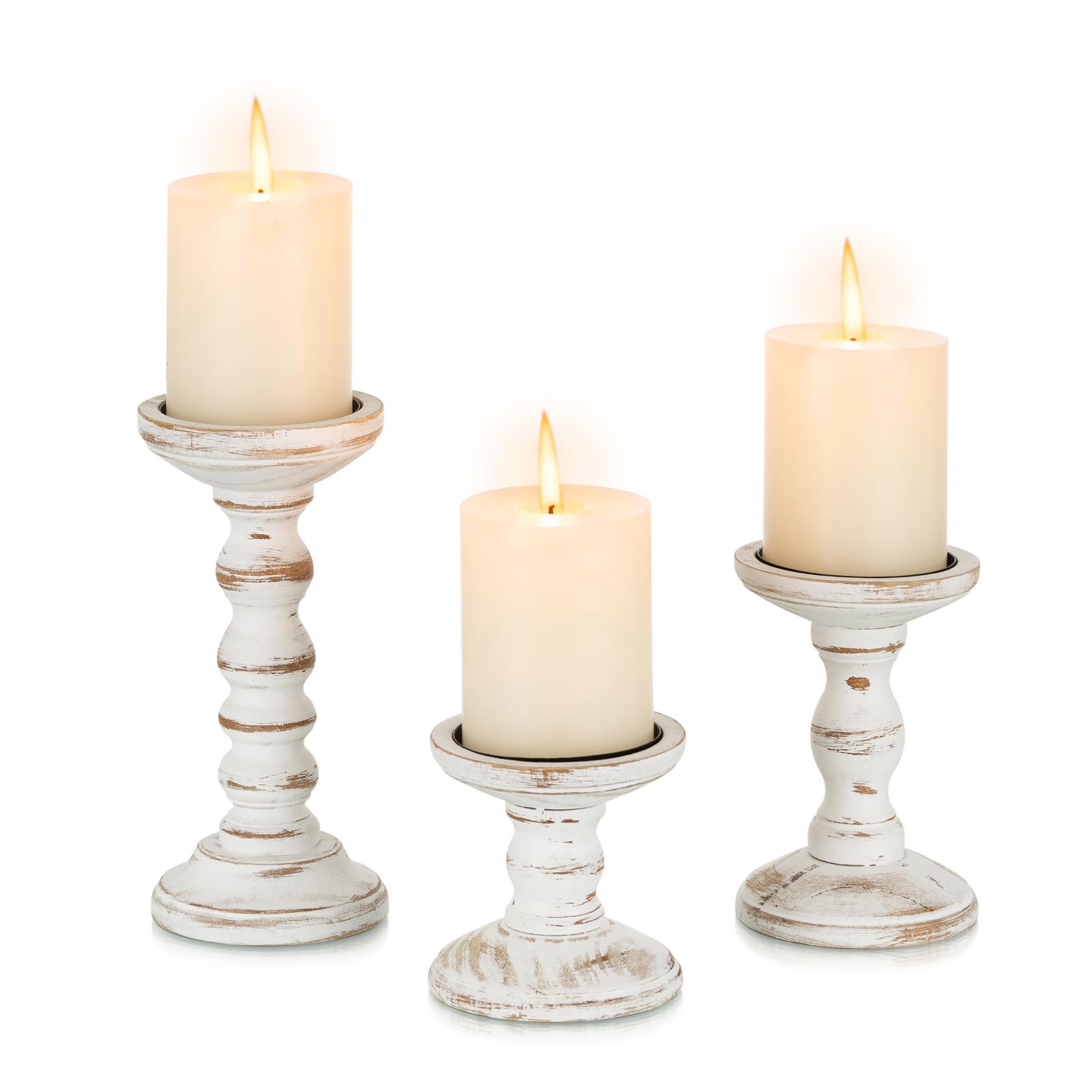 Candeldo Wood Candle Holders for Pillar: Rustic Candles Holder Set of 3 Tall Table Centerpiece Decor Wooden White Farmhouse Candle Stands for Fireplace Mantle Decorations - WoodArtSupply