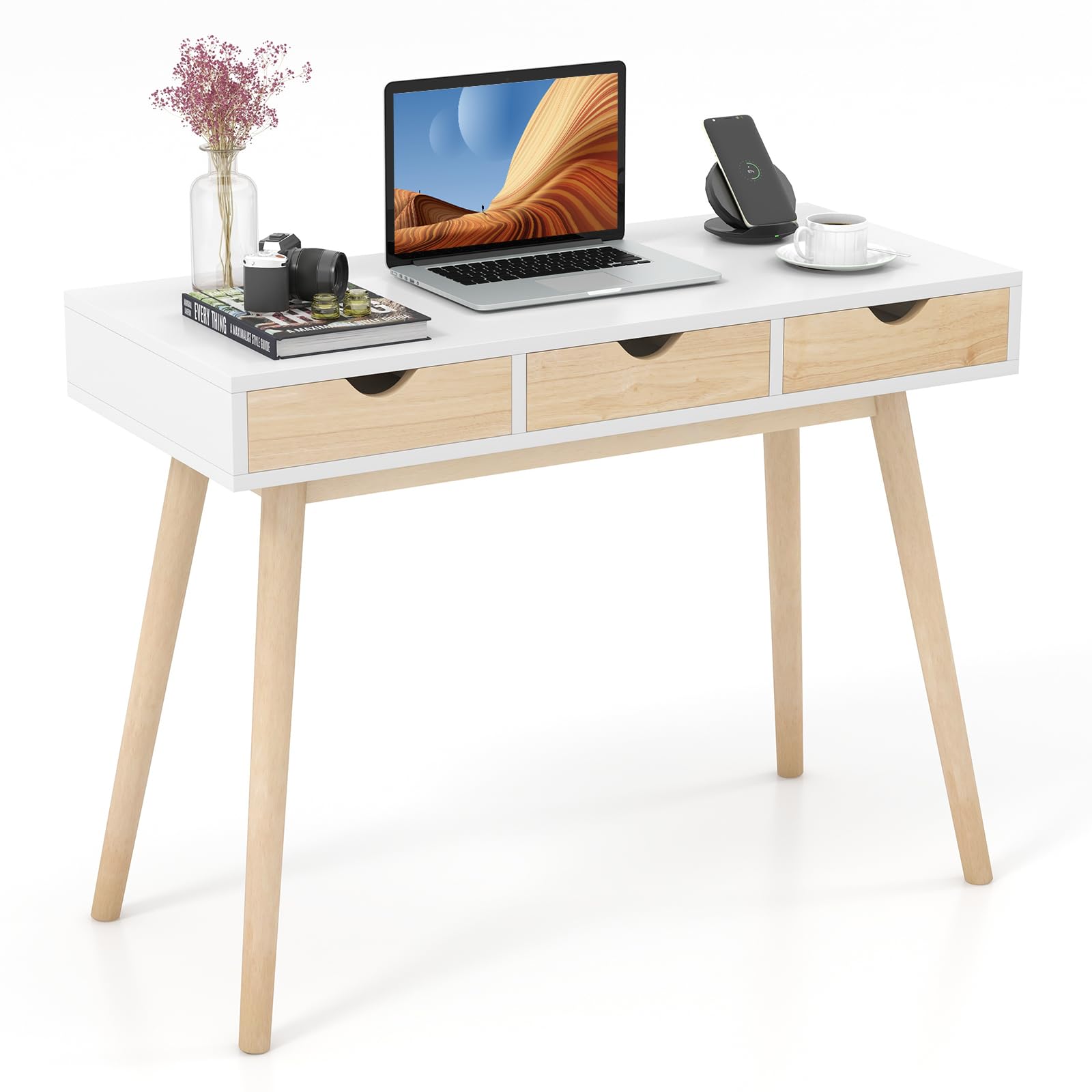 Tangkula Makeup Vanity Desk with 3 Drawers, Home Office Writing Desk, Wooden Laptop Study Desk with Solid Rubber Wood Legs, Computer Workstation, Mid - WoodArtSupply