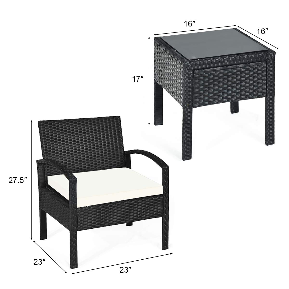 Tangkula AM0583HM 3 Piece Patio Furniture Set with 2 Cushioned Chairs & End Table, Black Tangkula