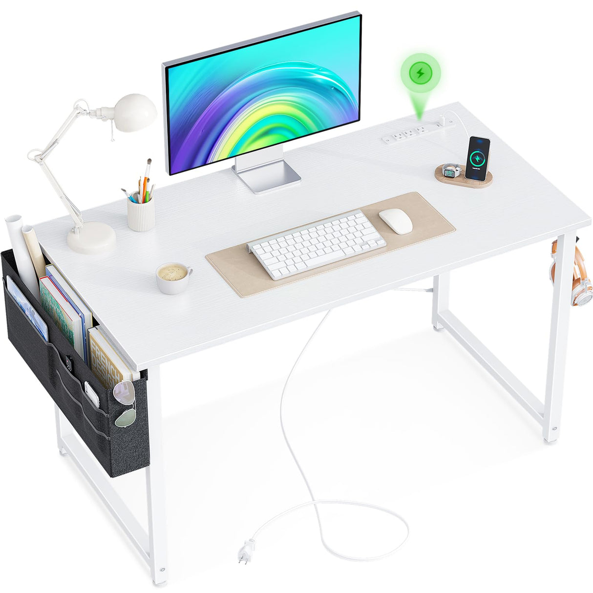 KKL Small Desk with Power Outlets and USB Port Computer Desk for Home Office Gaming Simple Modern Style Writing Desks with Storage Bag Headphone Hook, 40 inch, White KKL