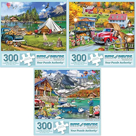 Bits and Pieces Set of 3 Jigsaw Puzzles 300 Pieces - New England Farm Lake Bits and Pieces