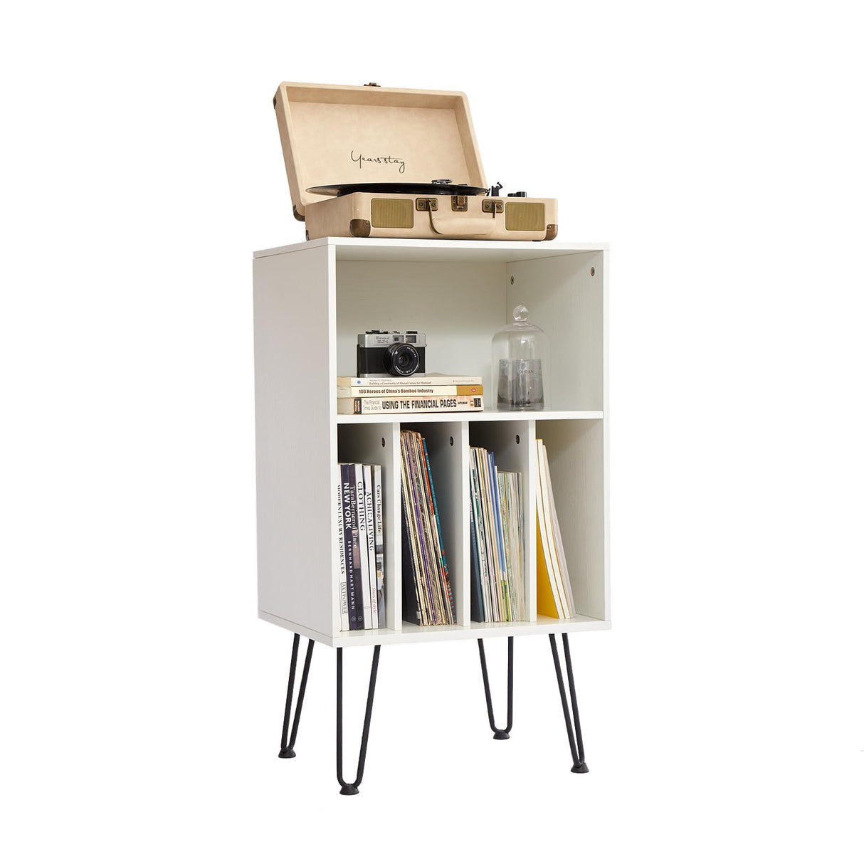 Leesingdo Record Player Stand with Vinyl Storage, Cabinet Holds Up to 150 Albums, End Table for Turntable, Living Room, White Leesingdo
