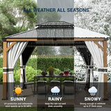 UDPATIO 10' x 12' Hardtop Gazebo, Wood Grain Finish Aluminum Frame Outdoor Gazebo with Galvanized Steel Double Roof, Metal Gazebo Canopy with Curtain and Netting for Garden, Patio and Deck, Grey UDPATIO