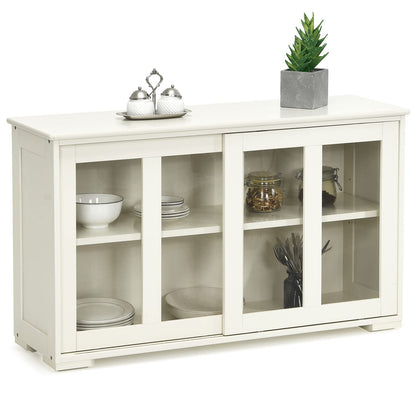 Costzon Cream White Sideboard Cabinet, 42"L x 13"W x 24.5"H, With Sliding Door Window, Wooden Cupboard Server Buffet Console Table for Home Dining Room Entryway