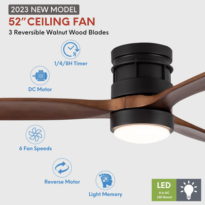 EKIZNSN 52 Inch Modern Outdoor Flush Mount Ceiling Fan with Lights Remote Control, Low Profile Wood Ceiling Fan with 3 Blades for Bedroom/Living Room, Matte Black - WoodArtSupply