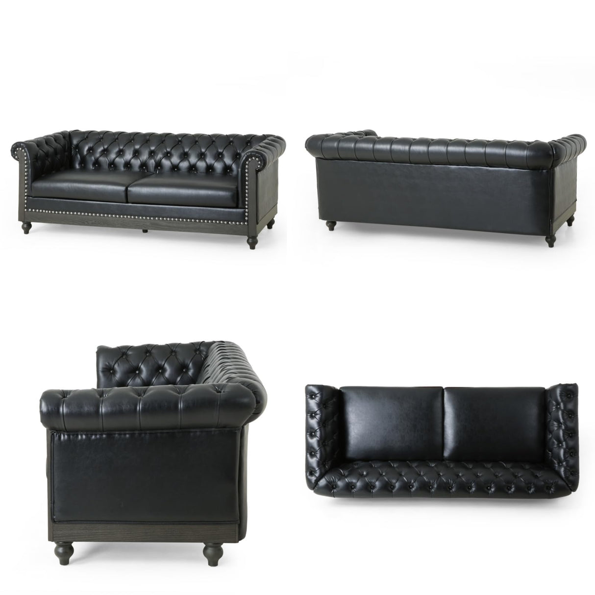 Merax PU Chesterfield Sofa, Retro Upholstered 3 Seater Leather Couch Rolled Arm for Living Room Bedroom Office, Black Merax