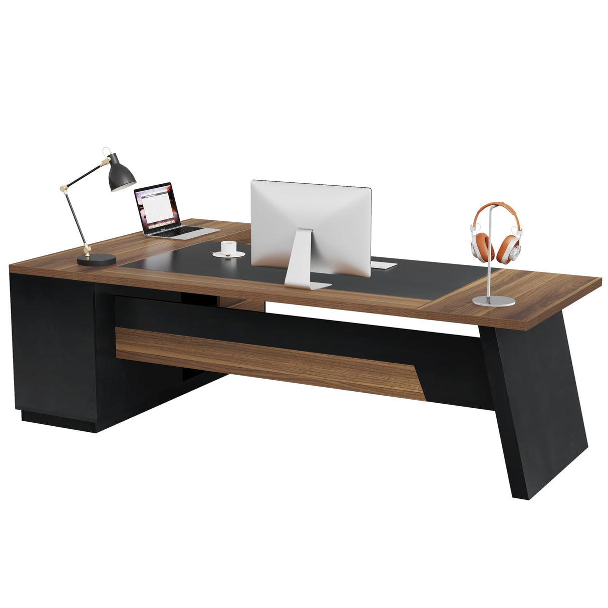 Tribesigns 78" L-Shaped Executive Office Desk, Large Modern Computer Desk with Drawers and Lateral File Cabinet, Business Furniture with Storage Shelves (Light Walnut + Black) Tribesigns