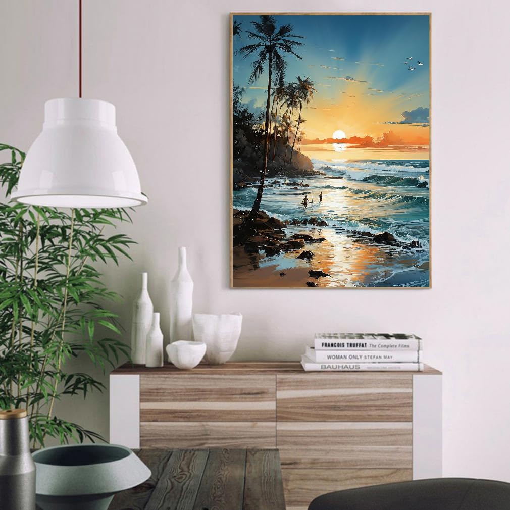 MIRCVSH Beach Paint by Number Kit, Framed Landscape for Adults, 12x16 Inch on Canvas with Wooden Easel MIRCVSH