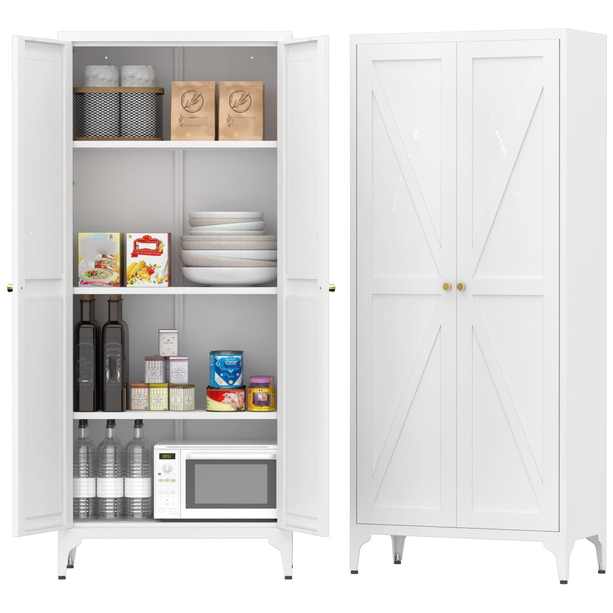 FATIGOS Metal Pantry Storage Cabinet, Kitchen Pantry Cabinets with 2 Doors and Adjustable Shelves, 65" White Metal Pantry Cabinet, Steel Locker for Kitchen, Living Room, Dining Room FATIGOS