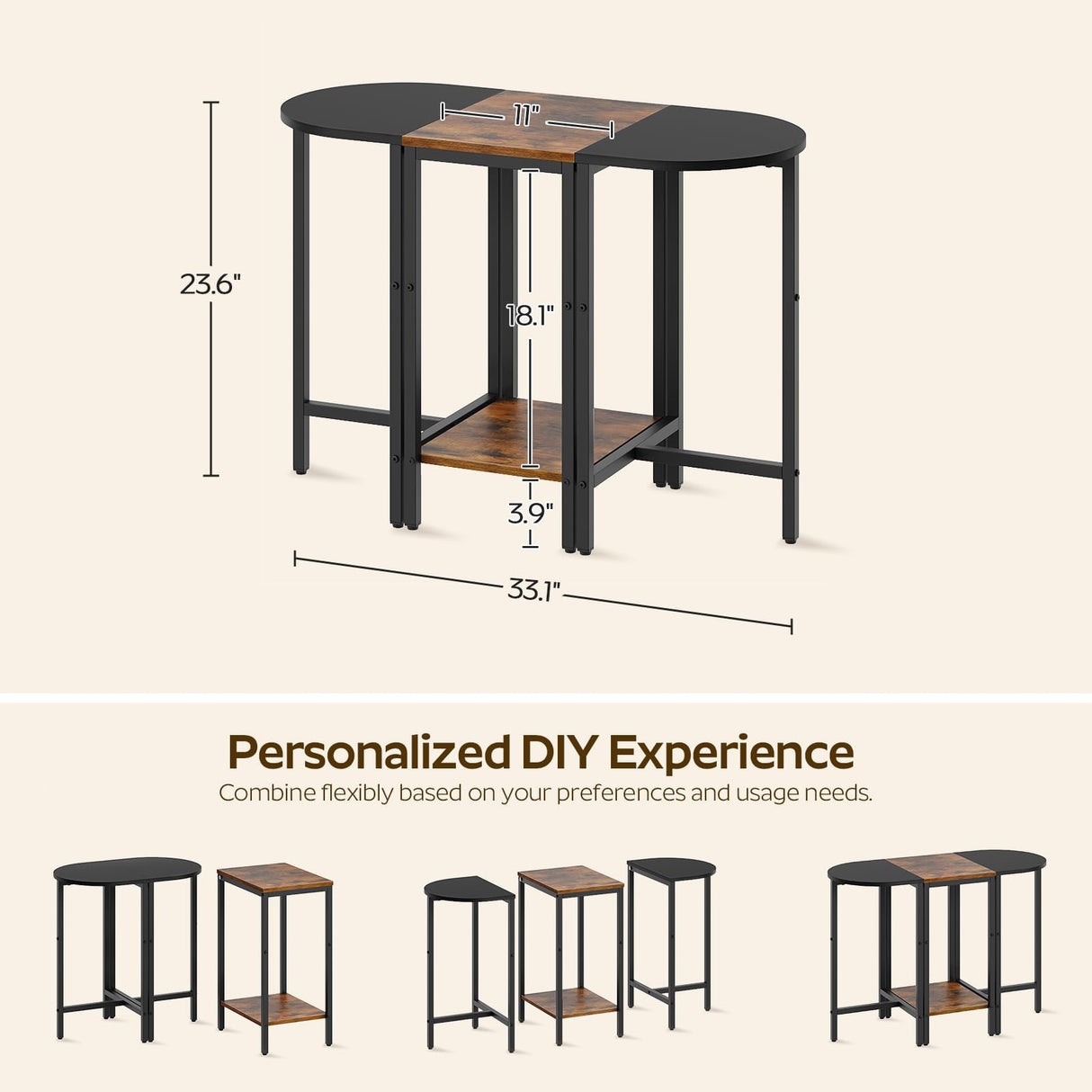 YATINEY Nesting Coffee Tables, End Tables Set of 3, Industrial Small Stacking Side Table, Wooden Nesting Tables, Multiple Combination Options, for Living Room, Office, Rustic Brown and Black ET33BR YATINEY