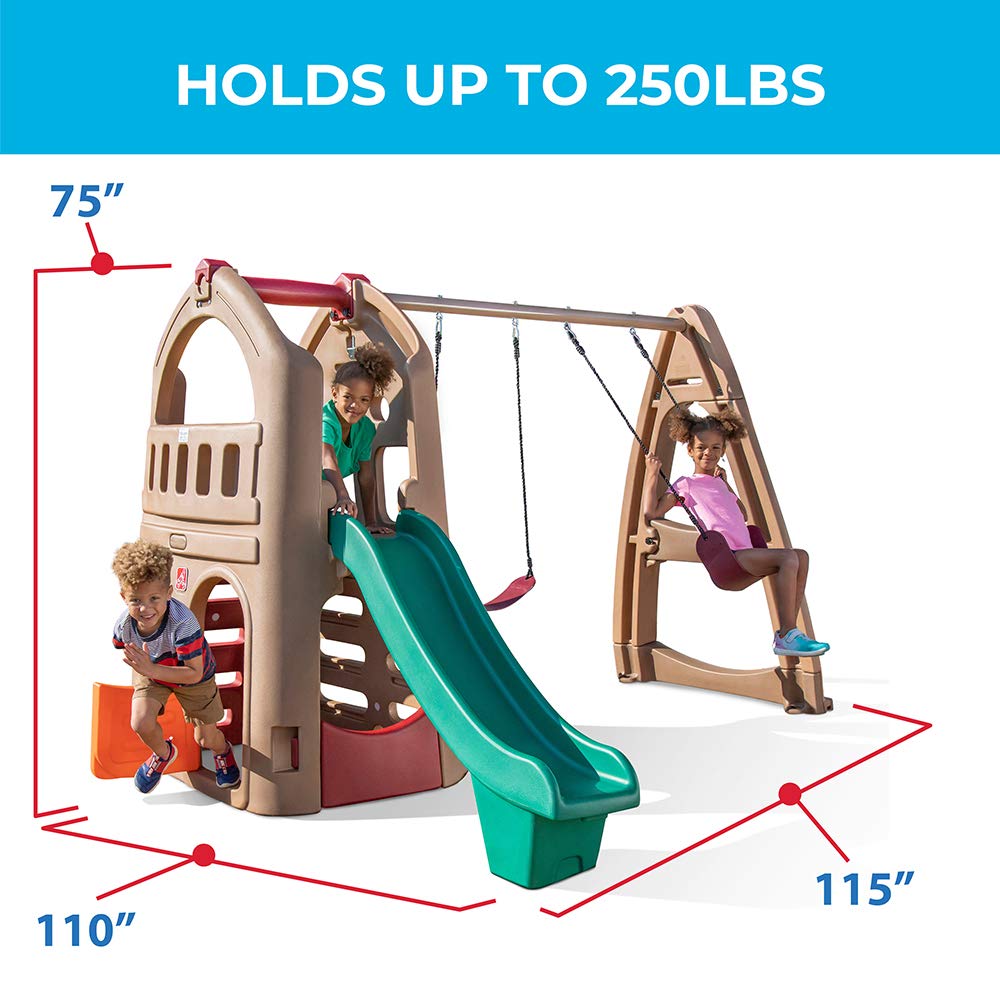 Step2 Naturally Playful Adventure Lodge Play Center with Glider, Kids Outdoor Playset, Two Tier Backyard Playground Set, Slide, Swings, Outside Jungle Gym, For Children 3-8 Years Old Step2