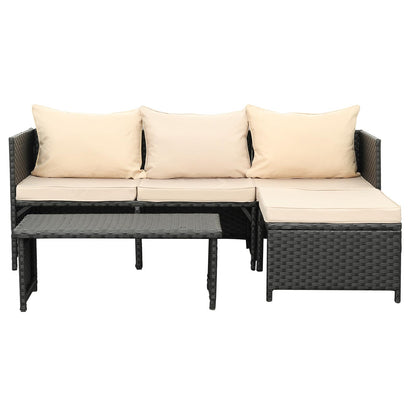 Valita 3-Piece Outdoor PE Rattan Furniture Set Patio Black Wicker Conversation Loveseat Sofa Sectional Couch Khaki Cushion - WoodArtSupply