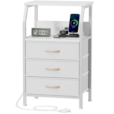 Furnulem Night Stand with Charging Station, 28.3 Inch Tall Bedside Table with PVC Drawers, End Table with USB Ports and Outlets, 3 Fabric Drawer Storage Nightstand for Bedroom, 3 Ways to Use, White