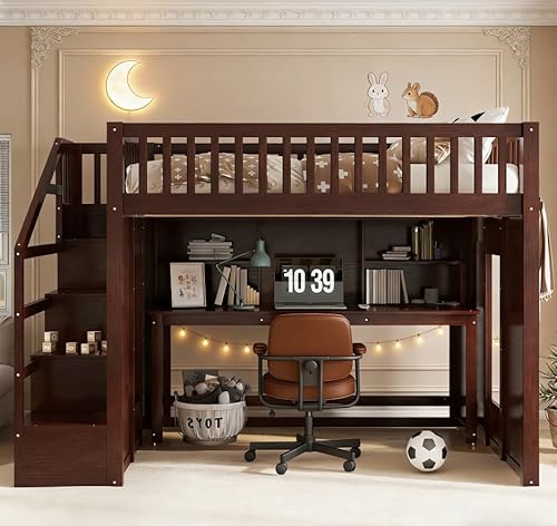 Bellemave Full Loft Bed with Stairs and Movable Desk and Shelves, Wood Loft Bed with Storage Stairs for Kids, Teens, Adults, Espresso Bellemave