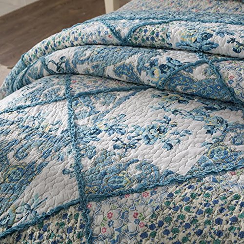 Tache Blue Patchwork Quilt Set - Petal Dance - Cotton Floral Bedspread Set - 2 Pieces - Twin Tache Home Fashion
