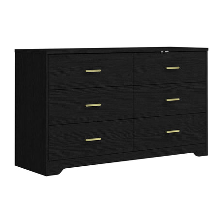 Modern 6 Drawer Wood Dresser, Wood Lateral Chest of Drawers Storage Organizer with Wide Drawers & Metal Gold Handles for Bedroom, Living Room, Hallway, Entryway Panana