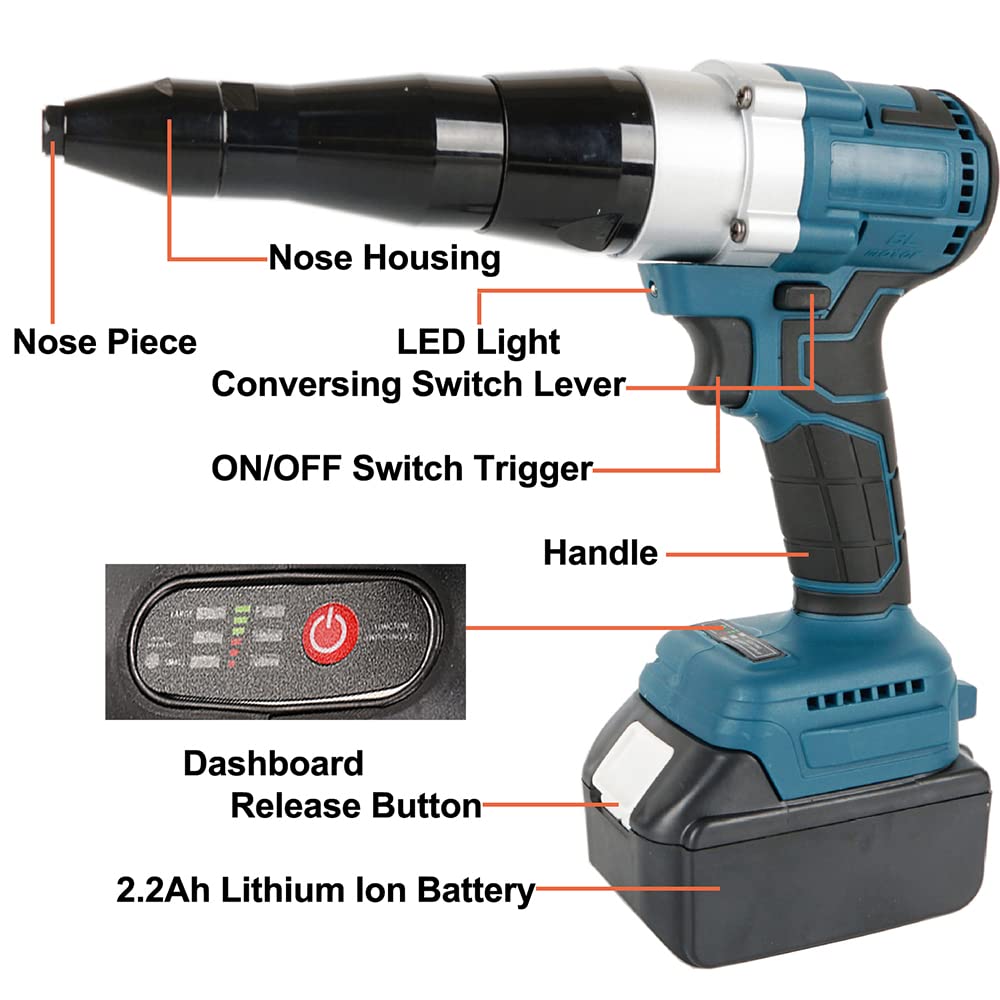 Cordless Rivet Gun,Portable 21V Lithium Battery Electric Automatic Core Pulling Rivet Gun,Professional Brushless Blind Riveter Tool Kit for Rivets 2.4/3.2/4.0/4.8 mm,with 3.0Ah Battery (2 Batteries) iMeshbean