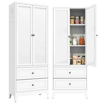 VIYET 72" Tall Kitchen Pantry Cabinet,White Metal Pantry Cabinet with 2 Drawers & 2 Adjustable Shelves,Utility Storage Cabinet Rust-Resistant for Living Room,Dining Room,Bathroom,Garage,Basement
