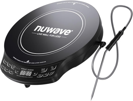 Nuwave Diamond Induction Cooktop, New & Improved Electric Burner with Probe, 91 Temps 50°F to 500°F, 6.5” Heating Coil, Shatter-Proof Ceramic Glass, 3 Wattage Settings, Ideal for Dorms, RVs & Apts Nuwave