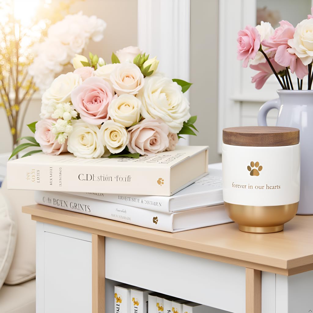 Pearhead Pet Ceramic Forever in Our Hearts Urn, Pet Memorial, Dog Or Cat Keepsake Urn, Rainbow Bridge, Gold Pearhead